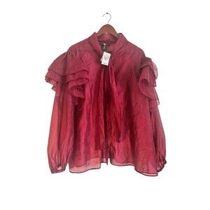 Ashley Stewart Womens Lace Mockneck Blouse Size 24 Sheer Burgundy Victorian Boho